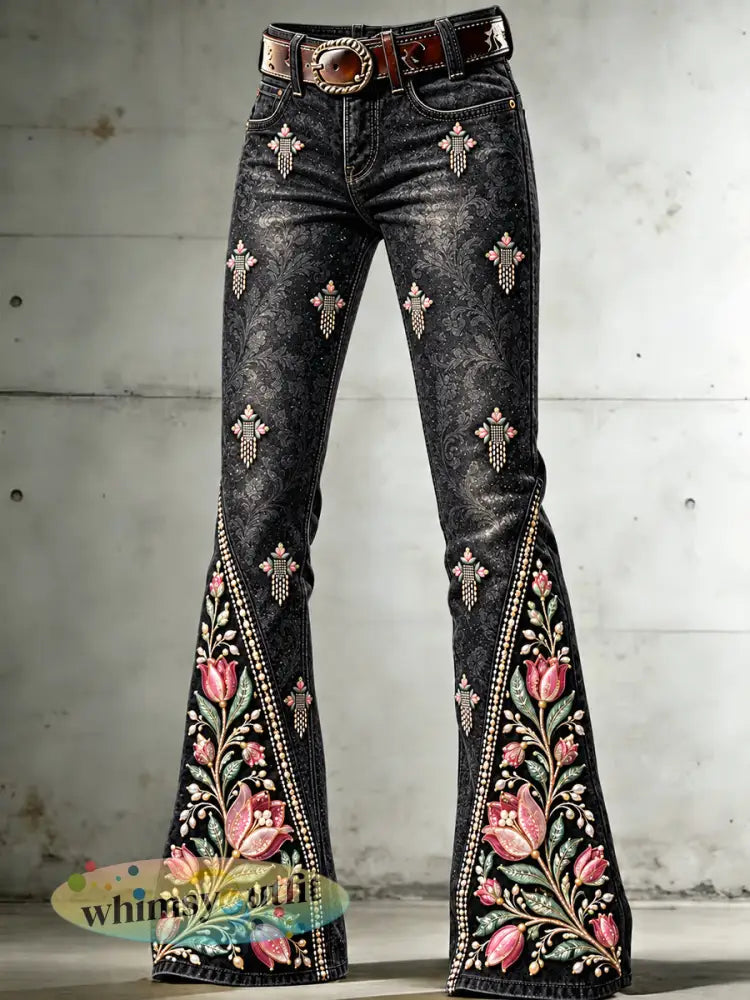 Damesbroek met tulpbloemenprint casual zwart uitlopend model - Zwart / S