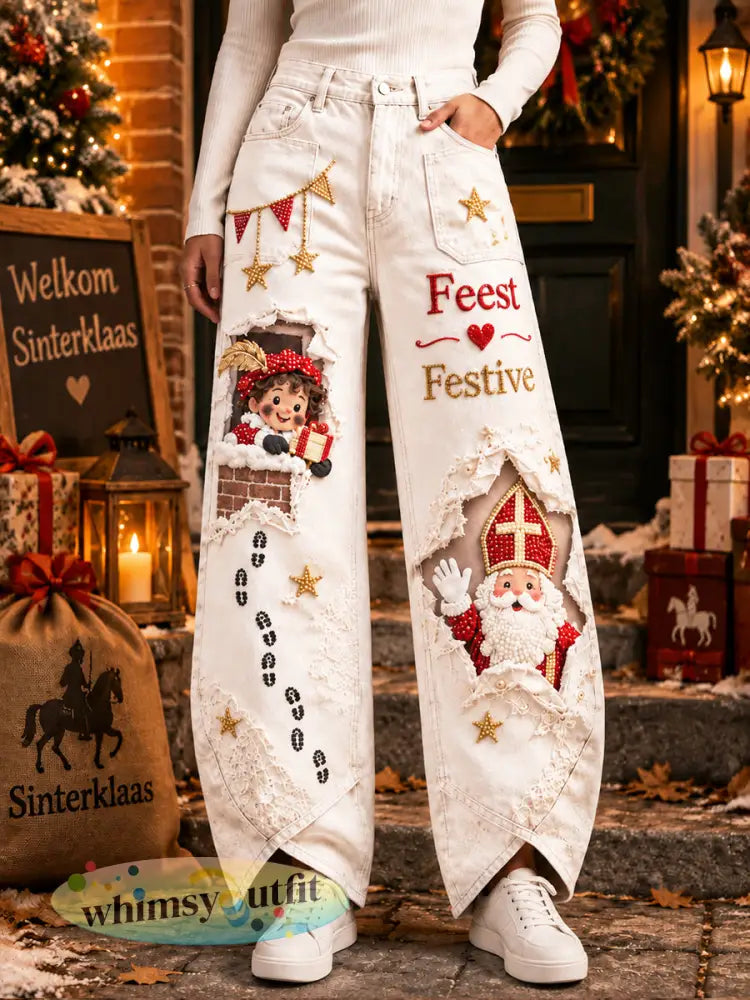 Damesbroek met witte Sinterklaas- en Zwarte Piet-print casual stijl - Wit / S
