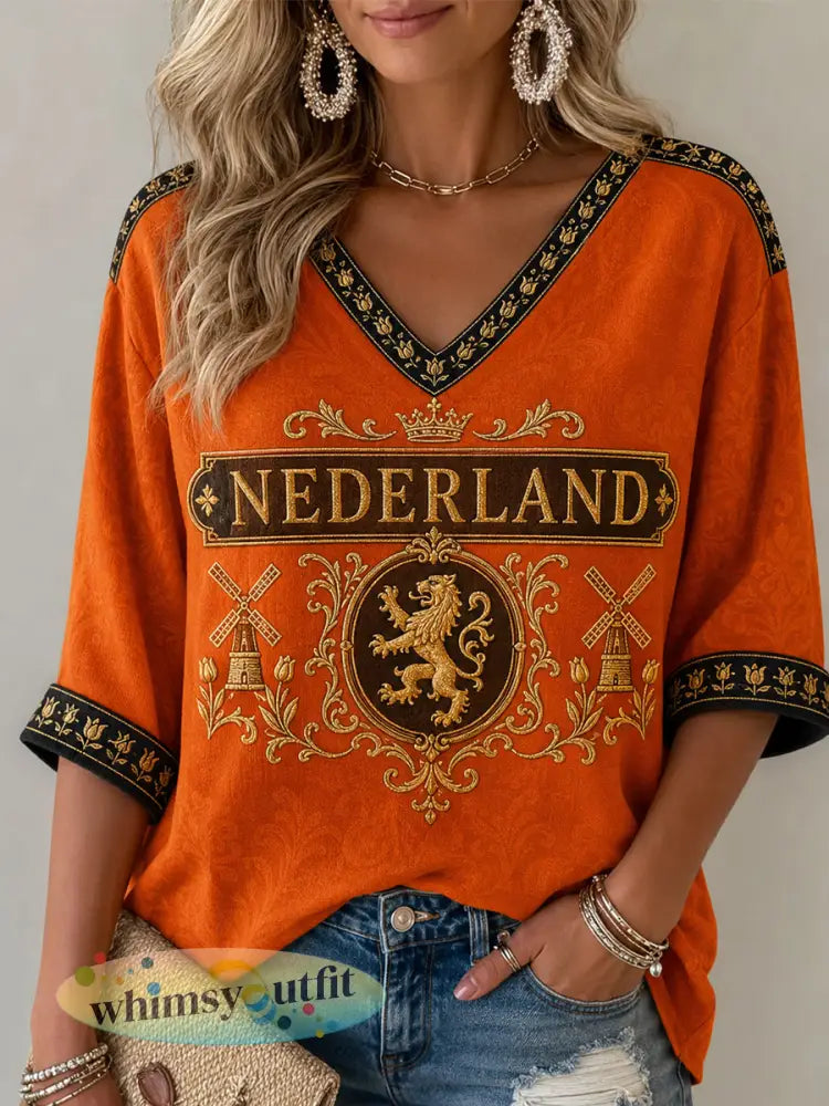 Damescadeau voor voetbalfans casual T-shirt met halve mouwen en V-hals bedrukt - Sinaasappel / S