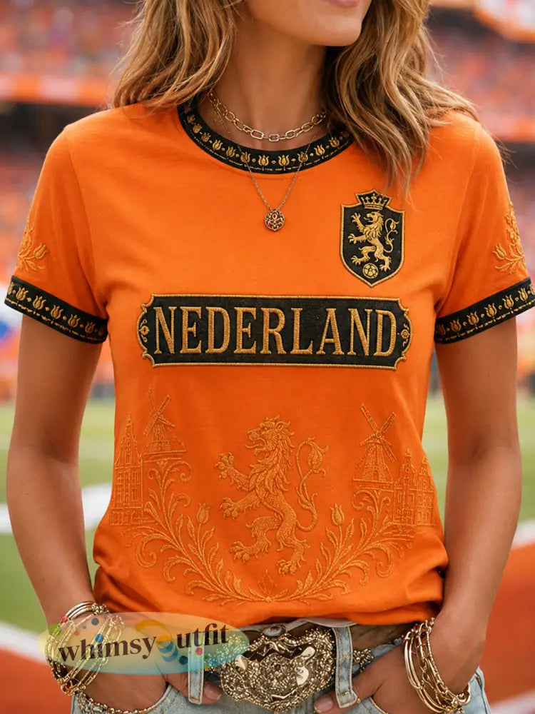 Damescadeau voor voetbalfans casual T-shirt met opdruk - Sinaasappel / S