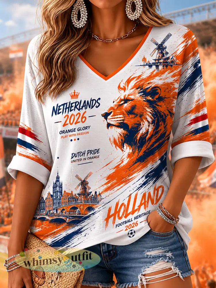 Damescadeau voor voetbalfans T-shirt met print casual middellang mouwen en V-hals - Sinaasappel / S