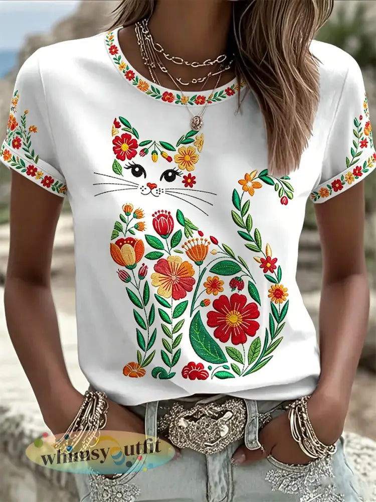 Damescasual T-shirt met bloemen- en kattenprint - Wit / S
