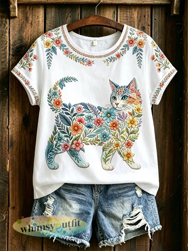 Damescasual T-shirt met bloemen- en kattenprint - Wit / S