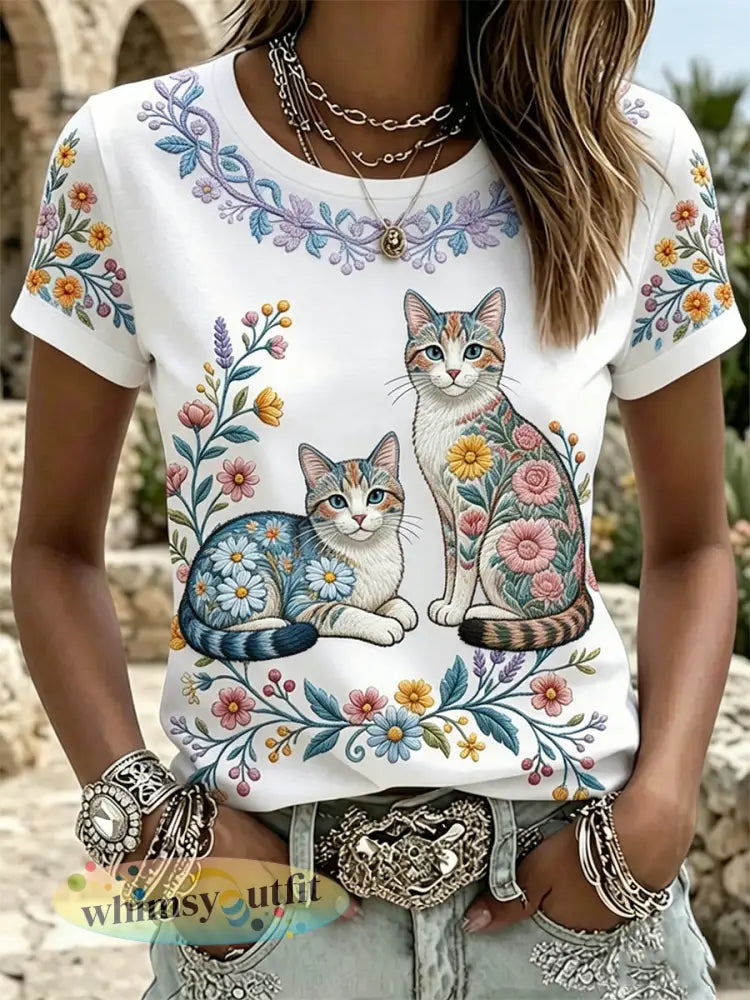 Damescasual T-shirt met bloemen- en kattenprint - Wit / S
