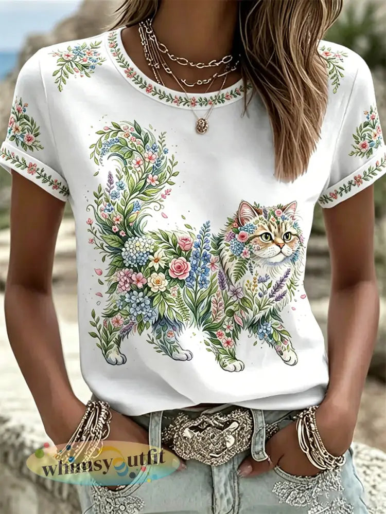 Damescasual T-shirt met bloemen- en kattenprint - Wit / S