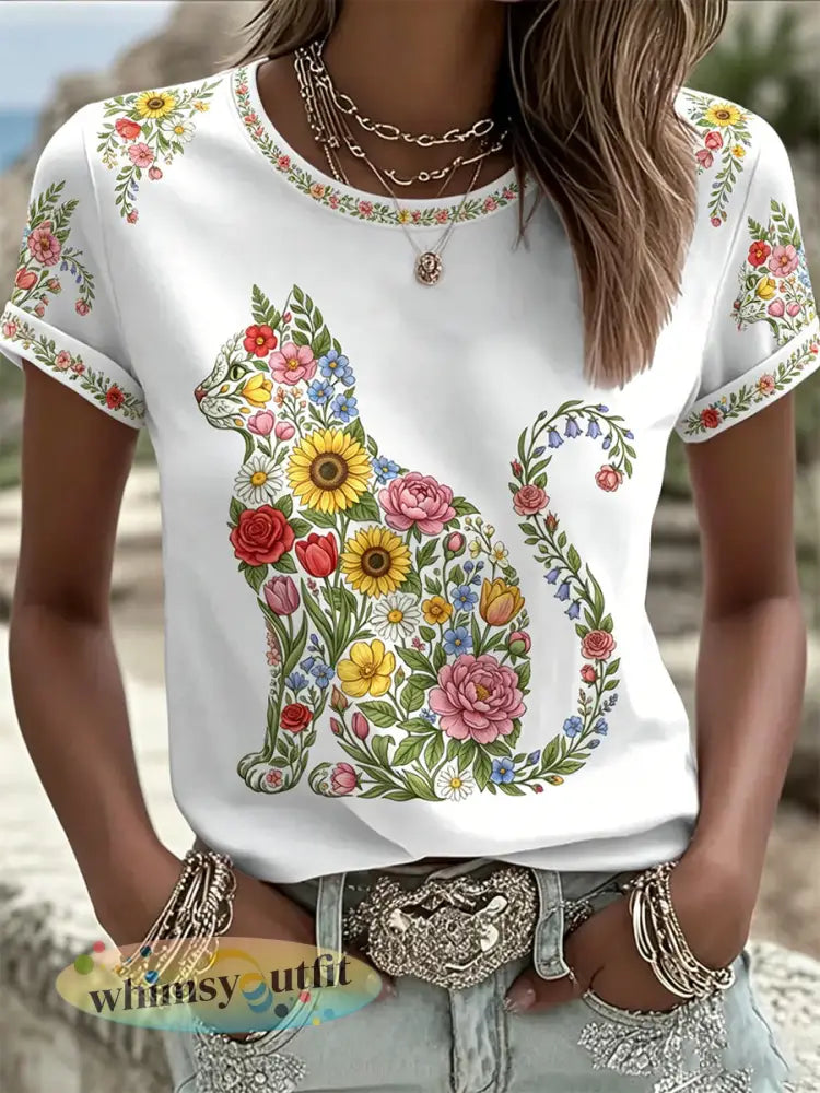 Damescasual T-shirt met bloemen- en kattenprint - Wit / S