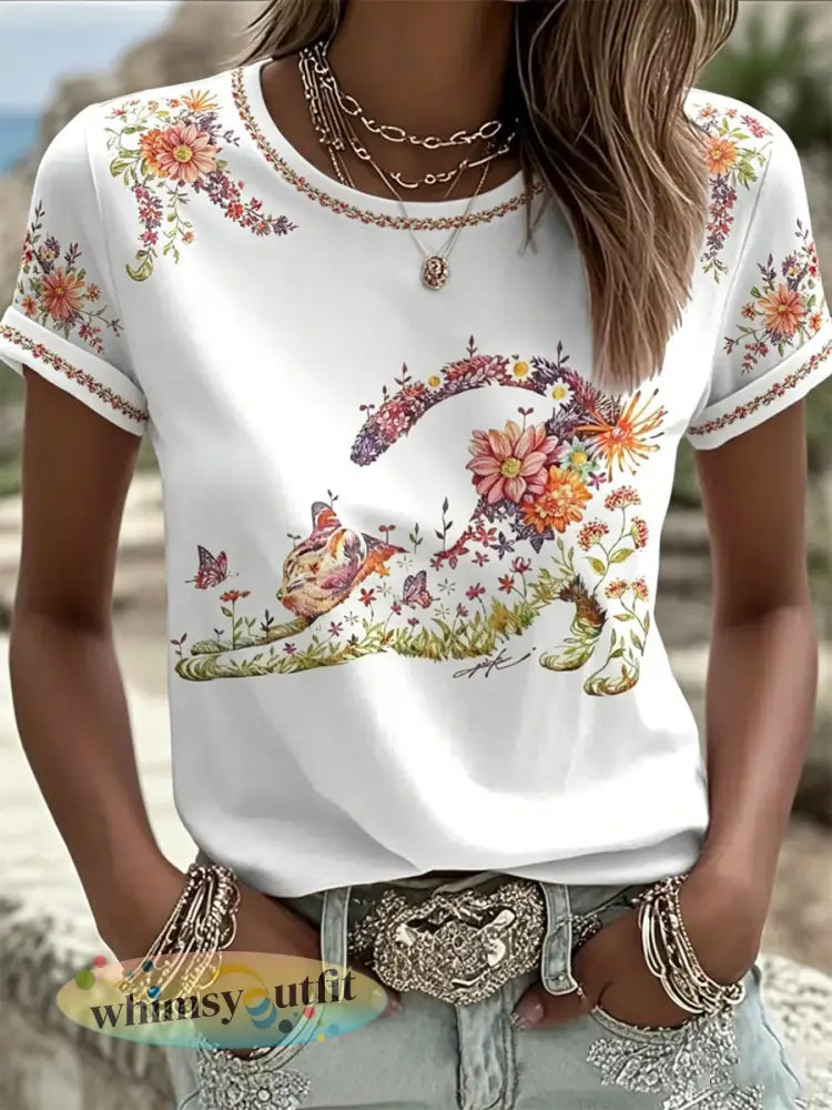 Damescasual T-shirt met bloemen- en kattenprint - Wit / S