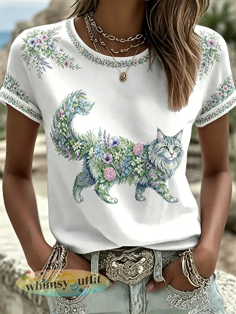 Damescasual T-shirt met bloemen- en kattenprint - Wit / S
