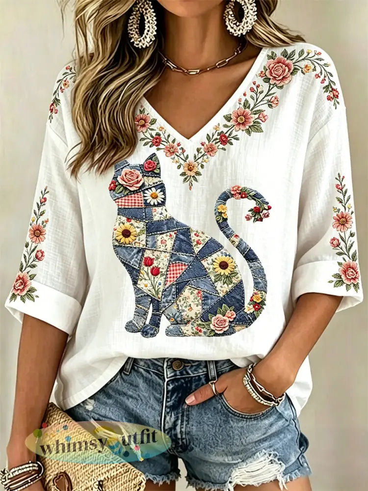 Damescasual top met bloemen- en kattenprint en V-hals - Wit / S