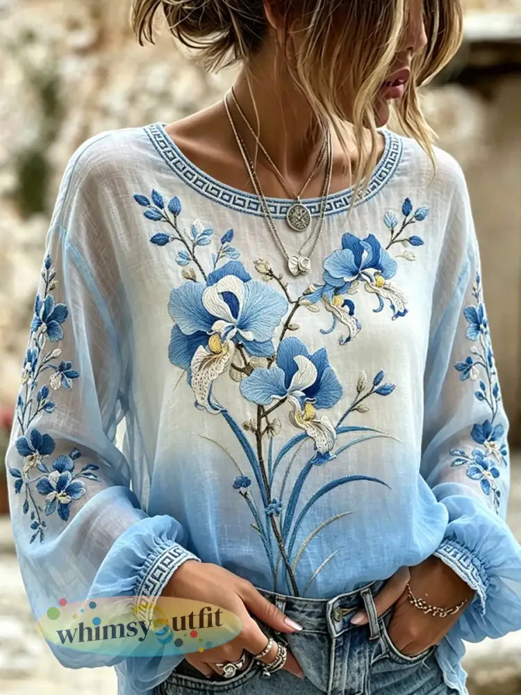 Damescasualtop in vintagestijl van katoen-linnen met geborduurde bloemen en geprint patchwork - A / S