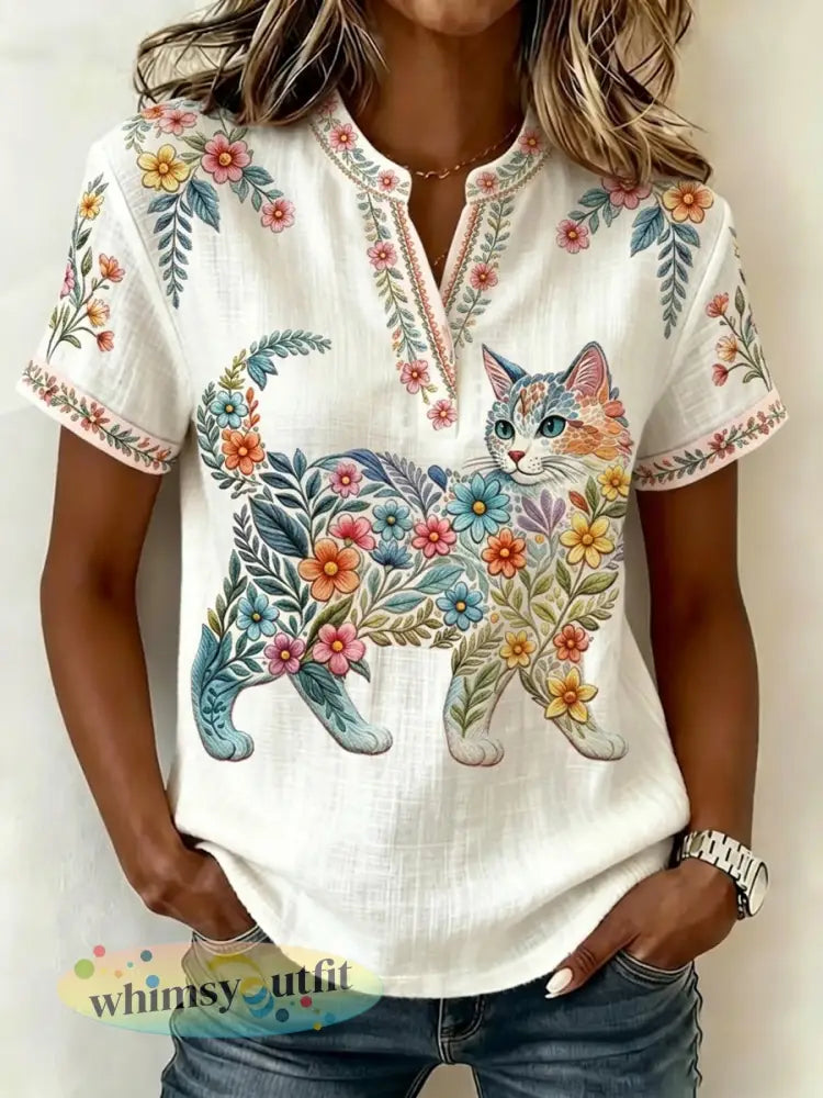 Damescasualtop met bloemen- en kattenprint en V-hals - Wit / S