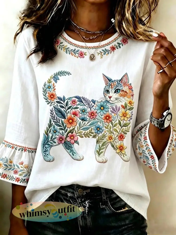 Damescasualtop met bloemen- en kattenprint - Wit / S