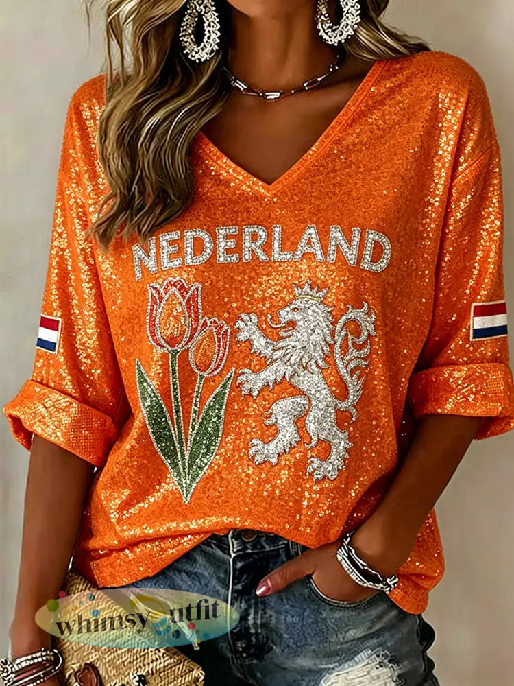 Damescasualtop met lovertjes leeuwen- en bloemenprint en V-hals - A / S