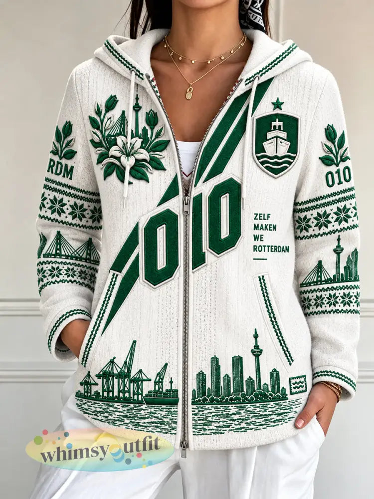Damesjack met Rotterdam-stadprint en capuchon casual stijl - Wit / S