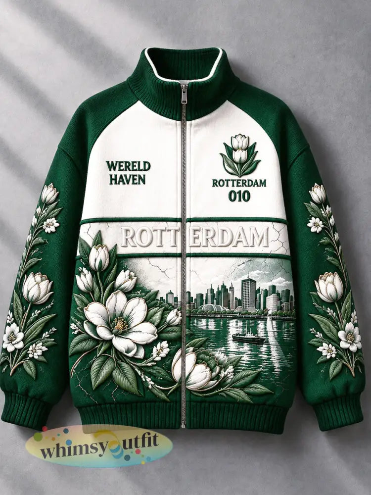 Damesjas uit Rotterdam Nederland met bloemenprint in 3D en ritssluiting voor dagelijks gebruik - Romig-Wit / S