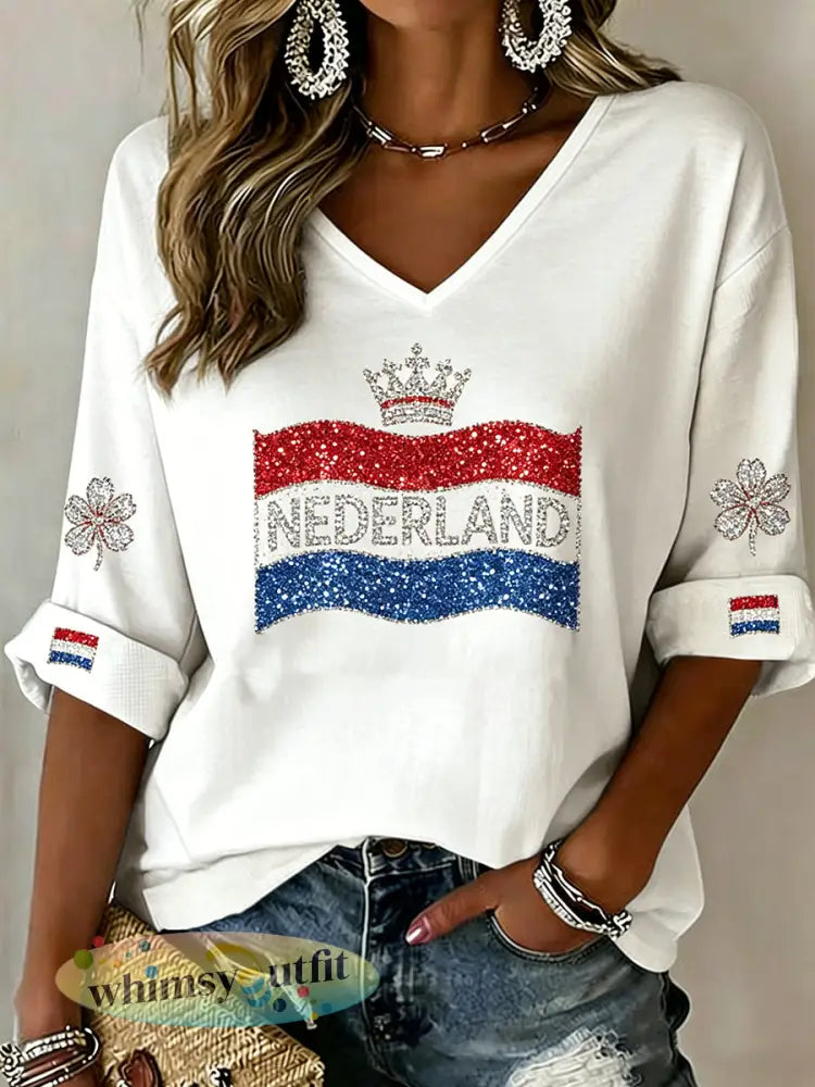 Dameskleding voor Koningsdag met pailletten en bloemenprint gebreide casual top met V-hals - A / S