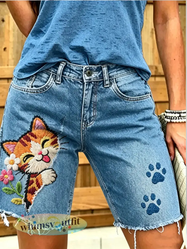 Dameskorte jeans met dierenprint - Blauw / S