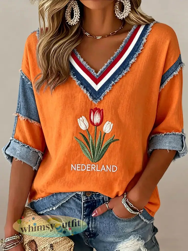 Dameskunstprint met V-hals ter ere van Koningsdag in Nederland - A / S