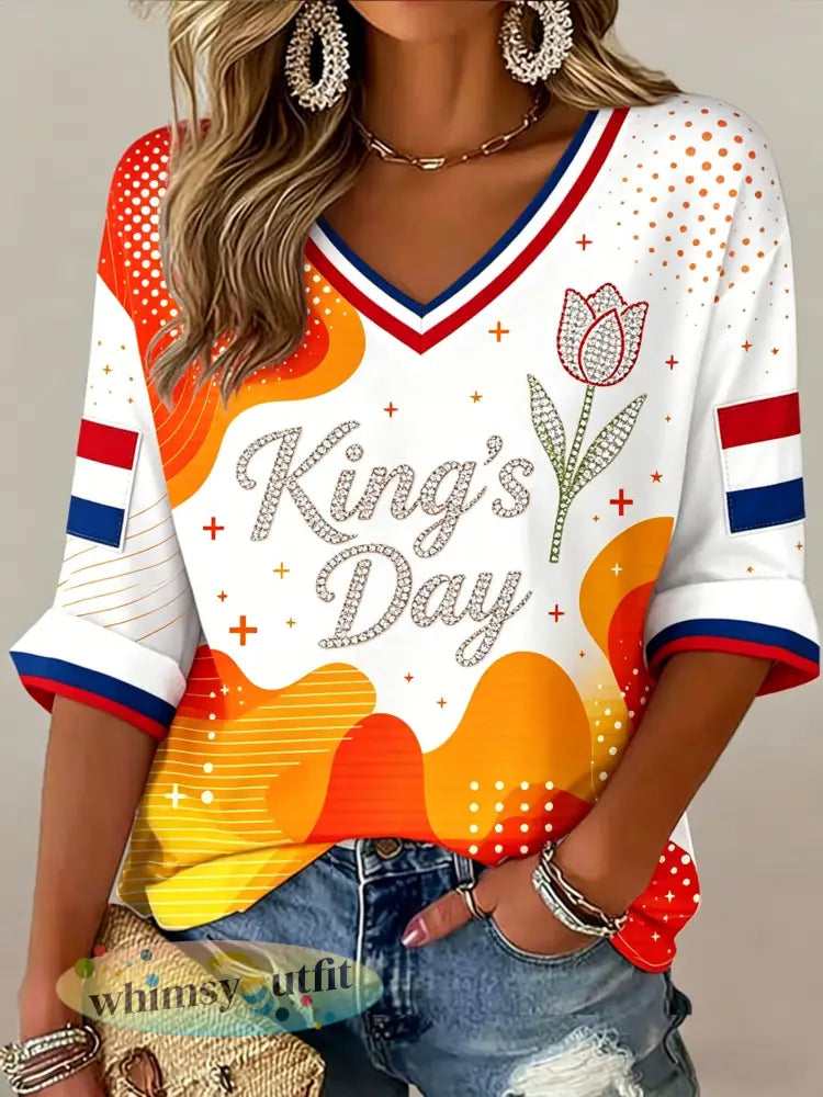 Dameskunstprint met V-hals ter ere van Koningsdag in Nederland - A / S