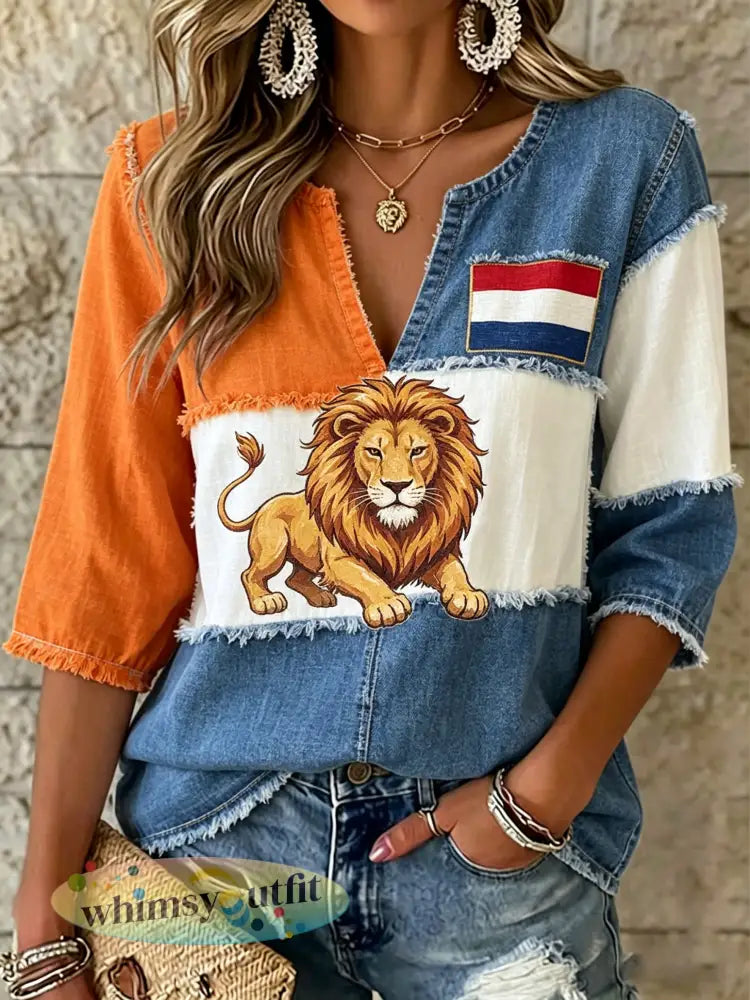 Dameskunstprint ter herinnering aan Koningsdag met V-hals - A / S