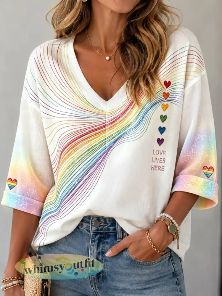 Dameslijn ‘Pride in Nederland’ lijntekening casual top met V-hals - als foto / S