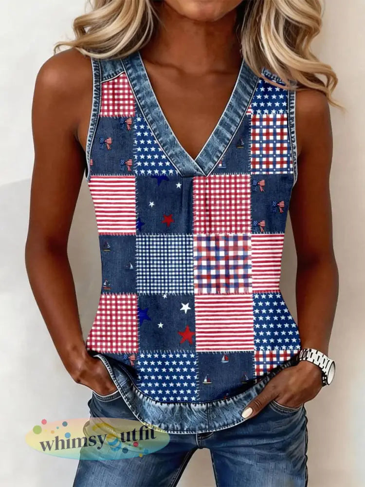 Damesonafhankelijkheidsdag geïnspireerde print denim patchwork top - als foto / S