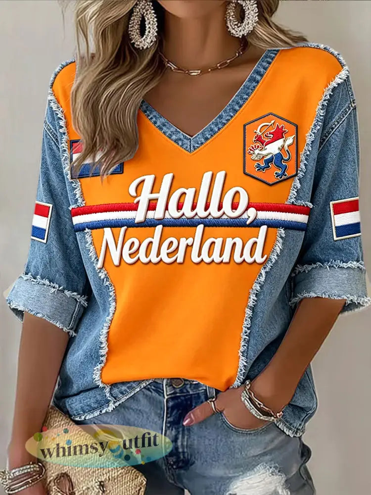Damesoranje denim-effect patchwork ‘Hello Netherlands’-print casual T-shirt met V-hals - Sinaasappel / S