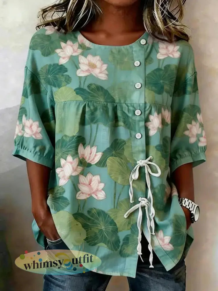 Damesplanten en bloemen Geknoopt en geregen linnen blend shirt - Groen / S