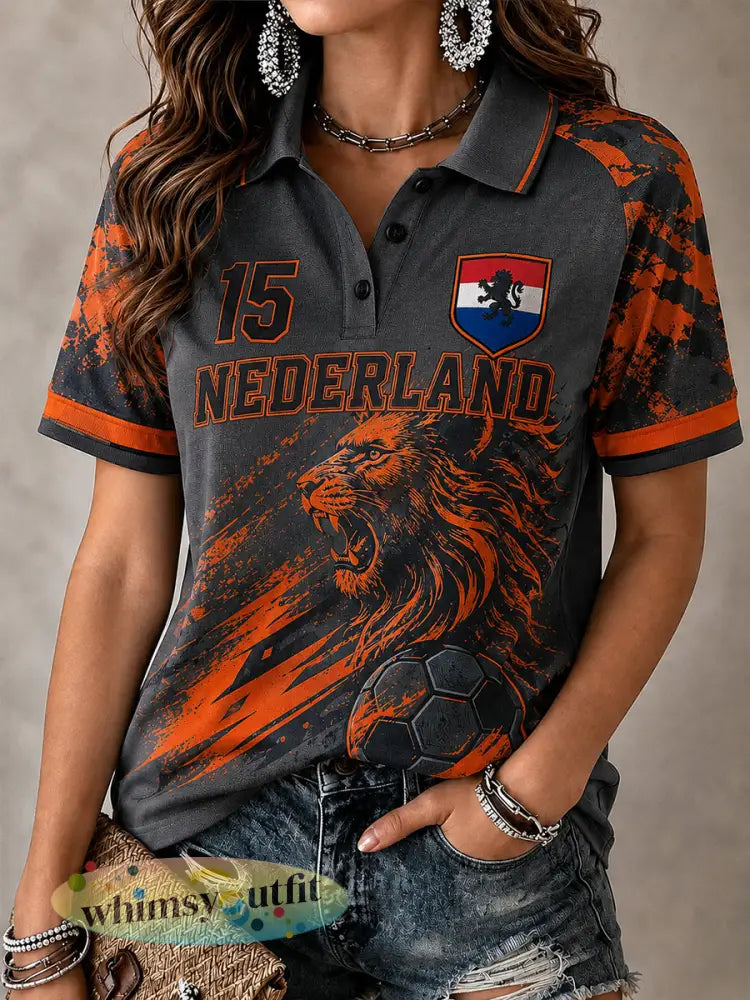 Damespoloshirt met korte mouwen en print van een leeuw en voetbal - A / S