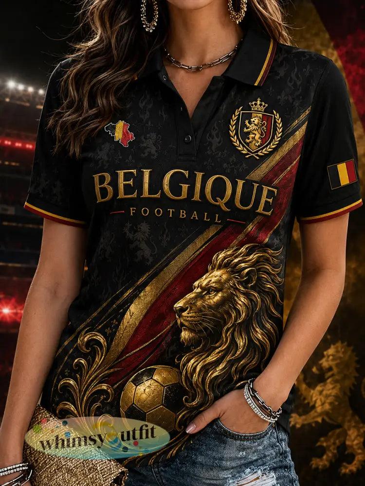 Damespoloshirt met korte mouwen en print van een leeuw en een voetbal - A / S
