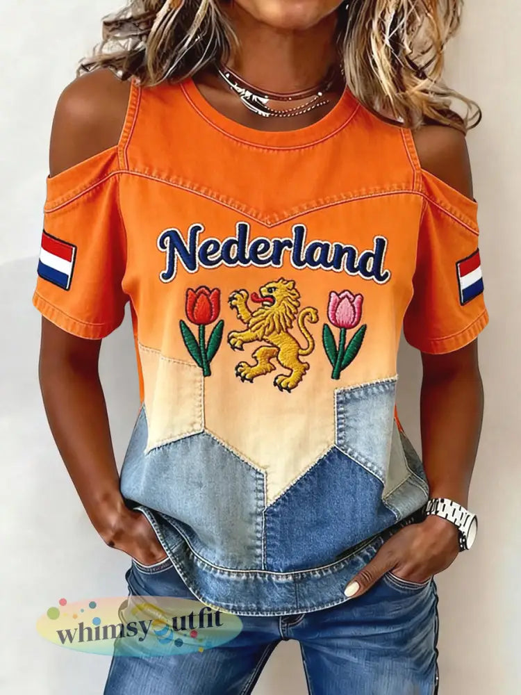 Damesretro Koningsdag-tulp casual schouderloos t-shirt - Sinaasappel / S