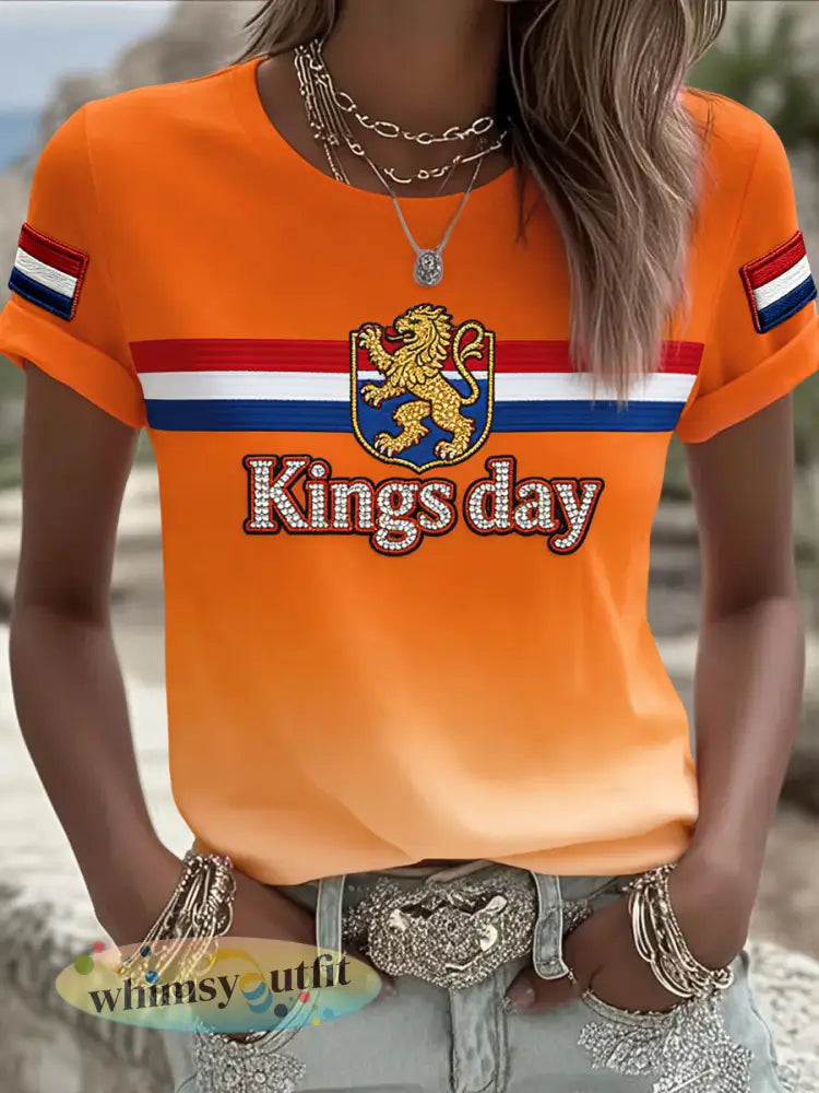 Damesretro Koningsdagbadge gradiënt casual t-shirt - Sinaasappel / S