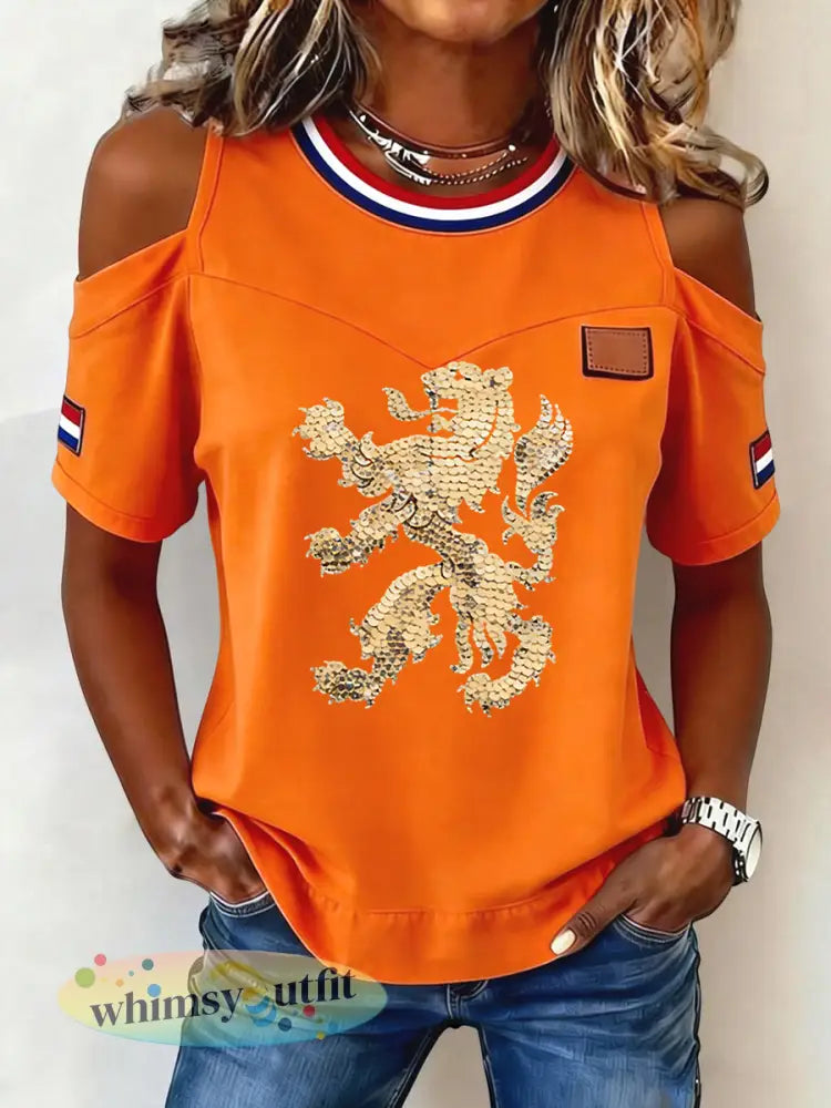 Damesretro Koningsdagleeuw casual schouderloos t-shirt - Sinaasappel / S