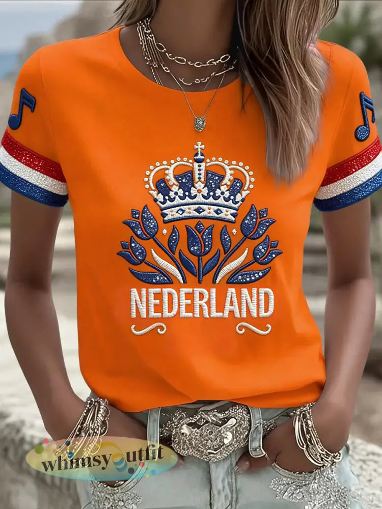 Damesretro Nederlandse muziekfestival casual t-shirt - Sinaasappel / S