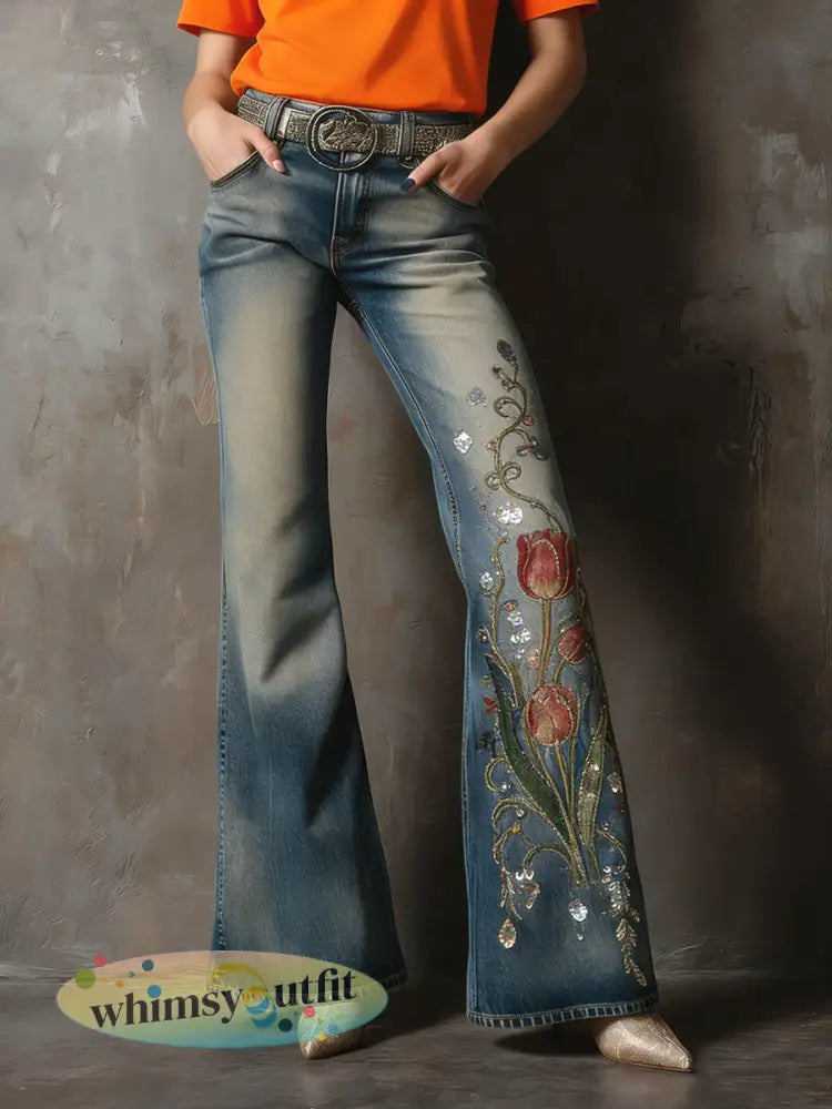 Damesretro Nederlandse tulp bloemenprint casual uitlopende broek - Veelkleurig / S