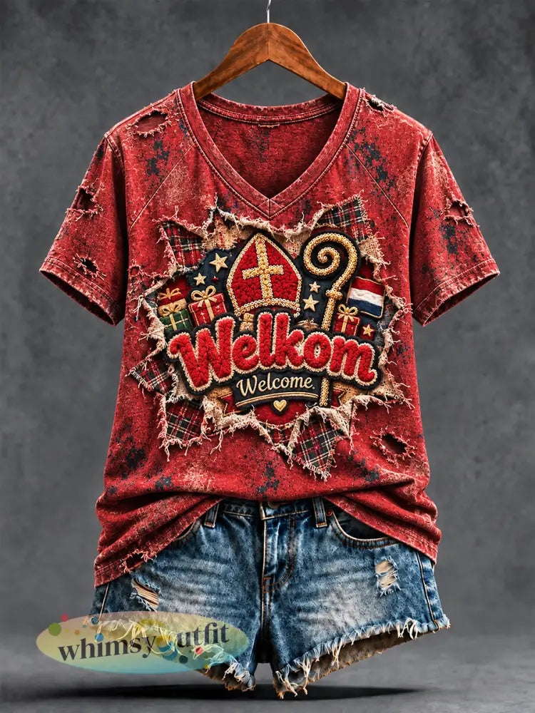 Damesretro T-shirt met Sinterklaasprint vrijetijdsstijl en V-hals - Rood / S