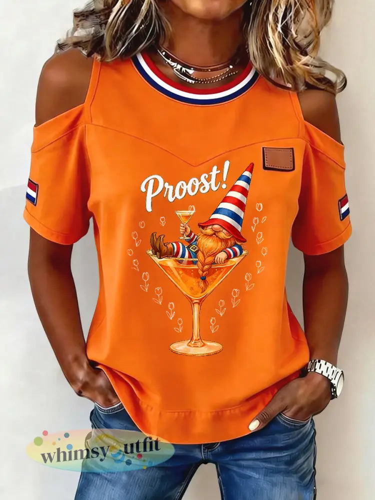 Damesretro T-shirt voor Koningsdag vrijetijdsstijl schouderloos - Sinaasappel / S