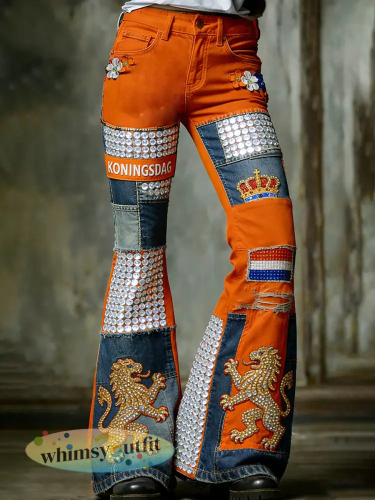 Damesretro vrijetijdsspijkerbroek met Koningsdagprint - A / S