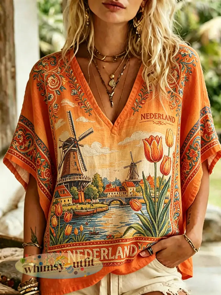 Damesshirt in vintagestijl met V-hals en schilderachtige tulpendessin - A / S