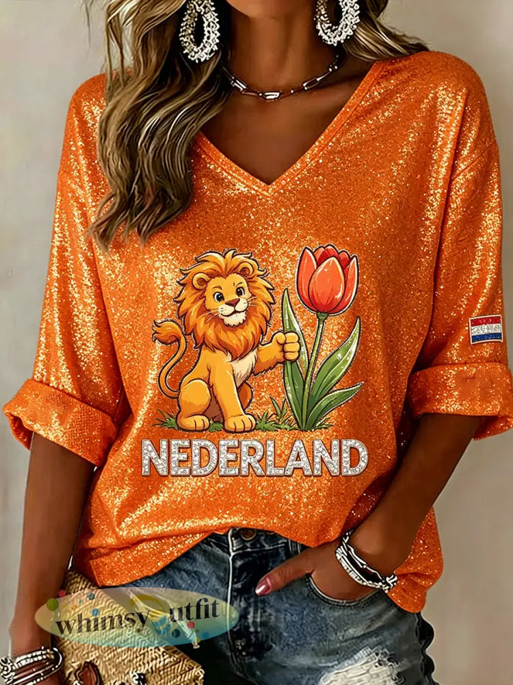 Damestop met leeuw en tulp bloemenprint en V-hals - A / S