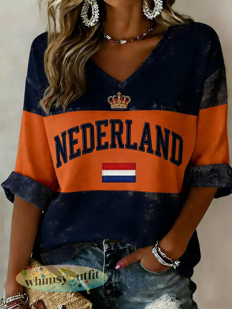 Damestop met V-hals en print met Koningsdag-thema - A / S