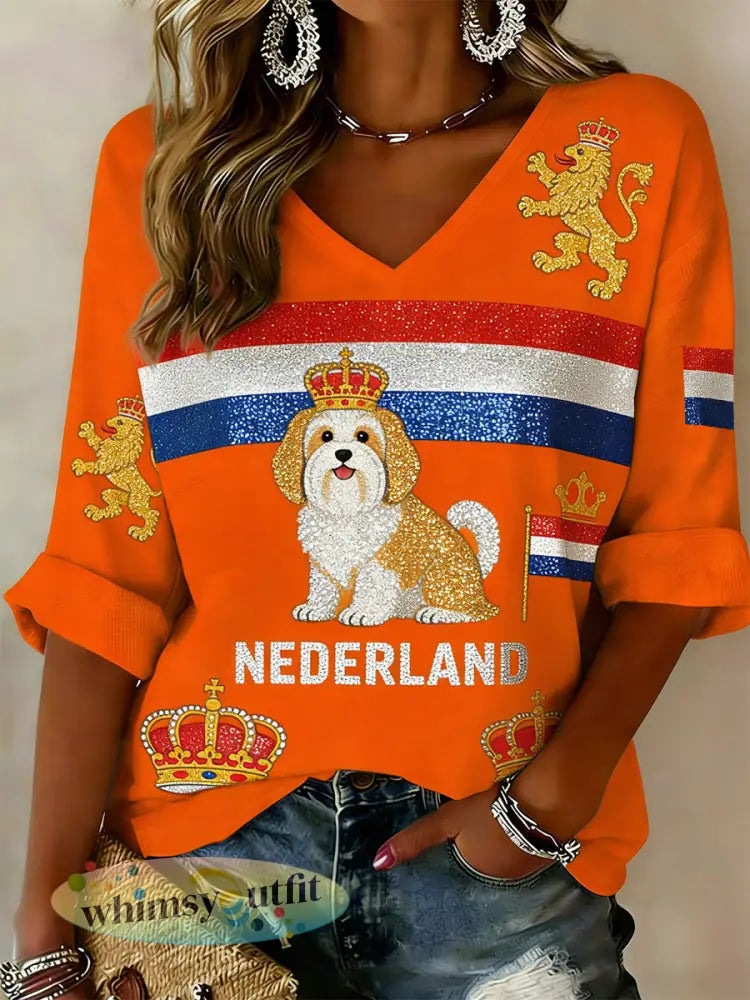 Damestop met V-hals en print met Koningsdag-thema - A / S