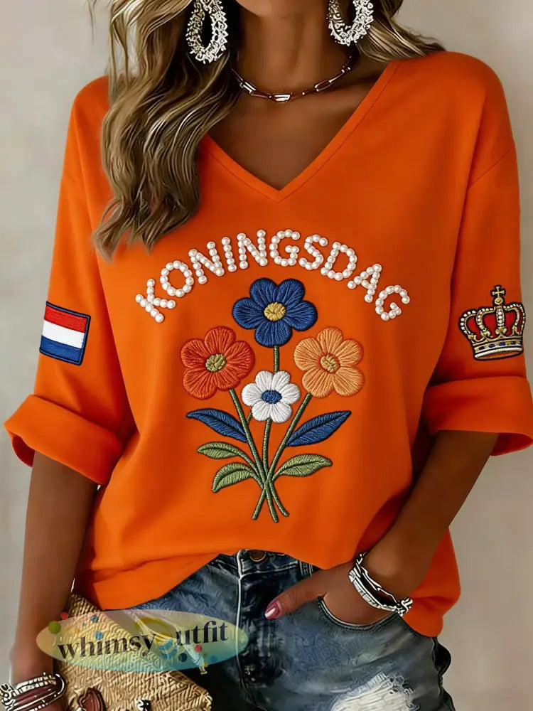 Damestop met V-hals en print met Koningsdag-thema - A / S