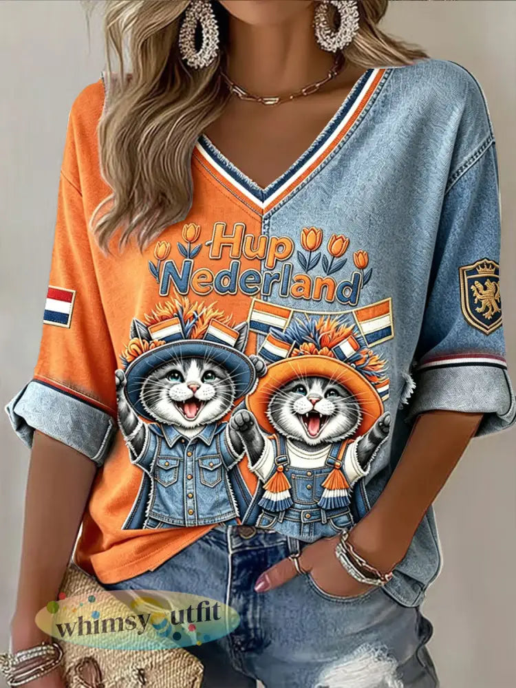 Damesvoetbal-T-shirt met schattige kat en spijkerstof in patchworkstijl casual met V-hals - Veelkleurig / S