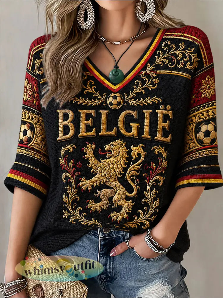 Damesvoetbalshirt uit België met middellange mouwen en V-hals - Zwart / S