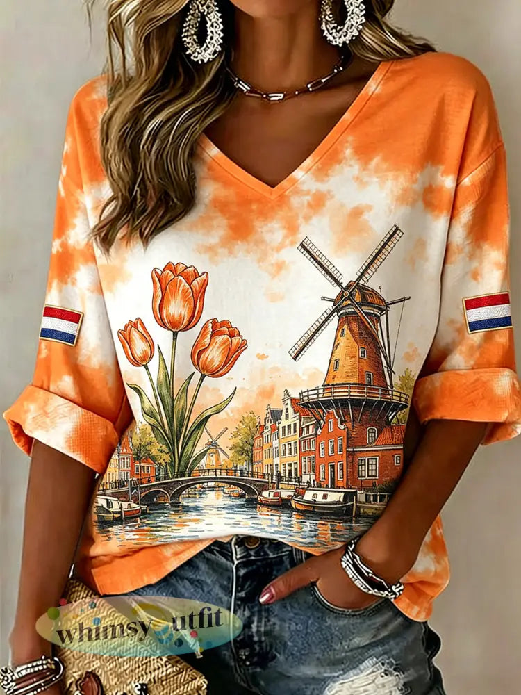 Dameswindmolen- en bloemenprint casual top met V-hals - A / S