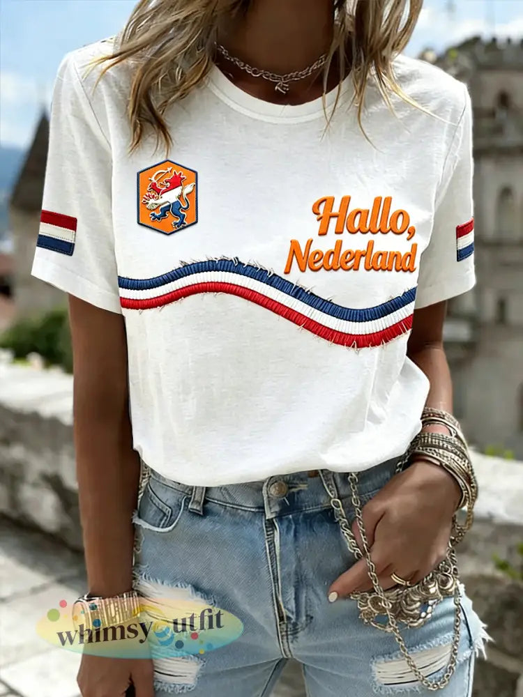 Dameswitte casual T-shirt met Nederlandse vlagprint - Wit / S