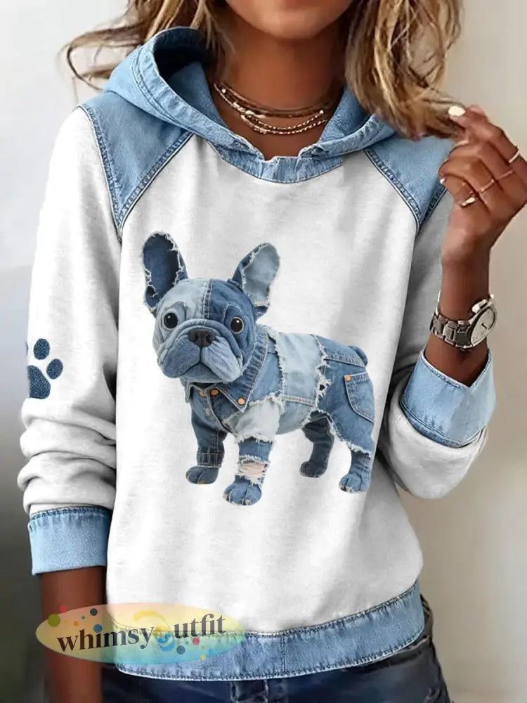 Denim Patch Pattern voor dames Patchwork Art Hoodie - Wit / S