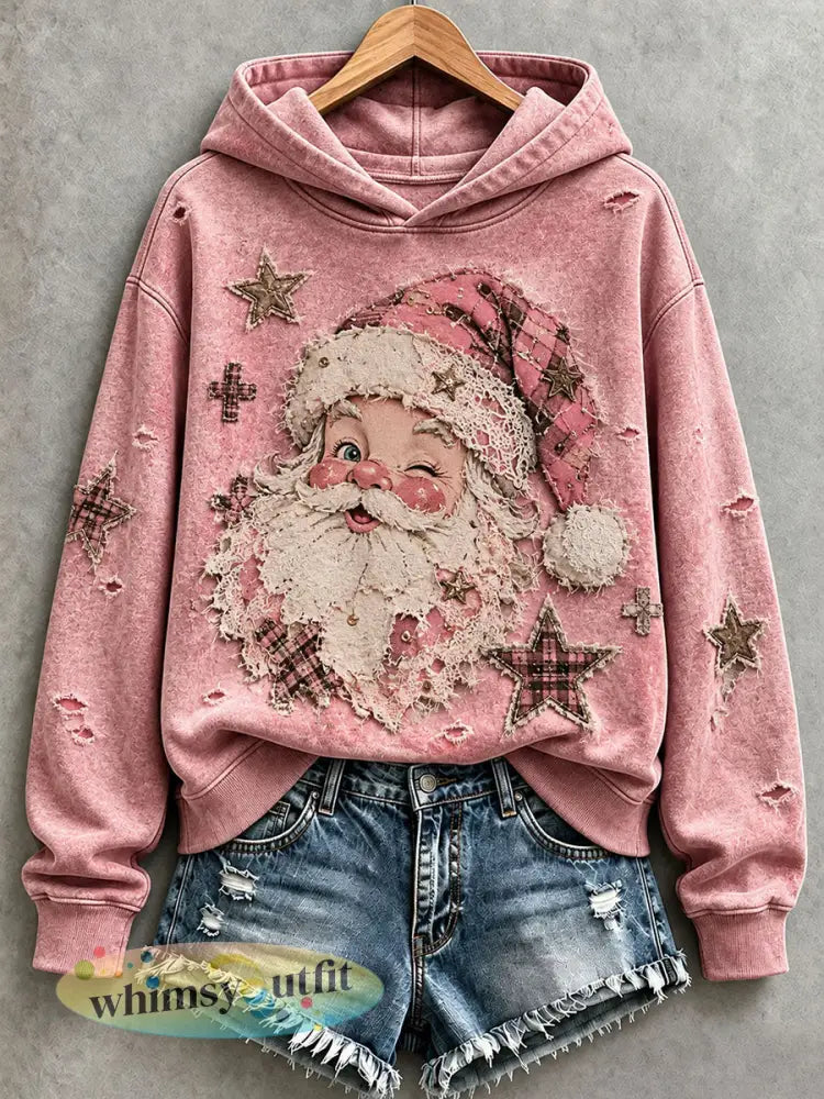 Distressed Santa Patchwork Art Hoodie voor dames - Roze / S