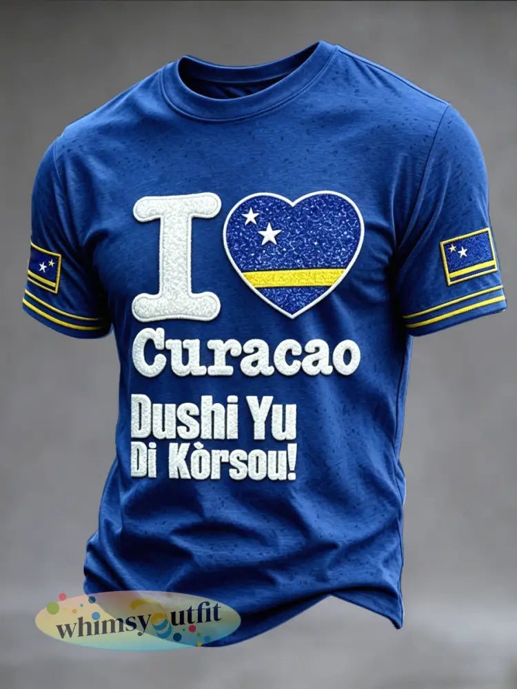 Donkerblauw casual T-shirt voor heren met hartjesprint van Curaçao - Blauw / S